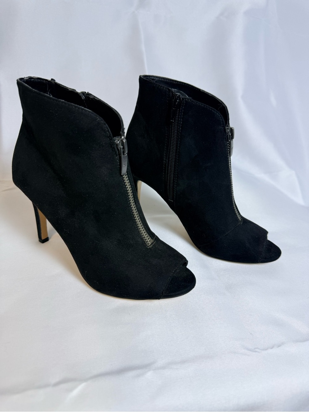 Marc Fisher Black Suede Peep-Toe Ankle Booties with Front Zip